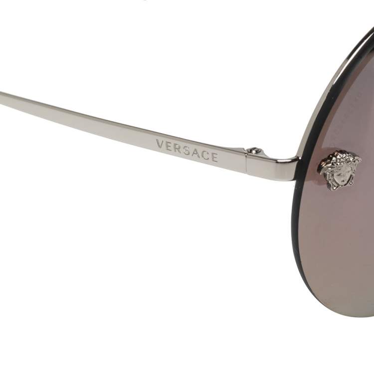 Pre Owned Versace Silver/Purple Meatal MOD 2176 Medusa Rimless Round Sunglasses