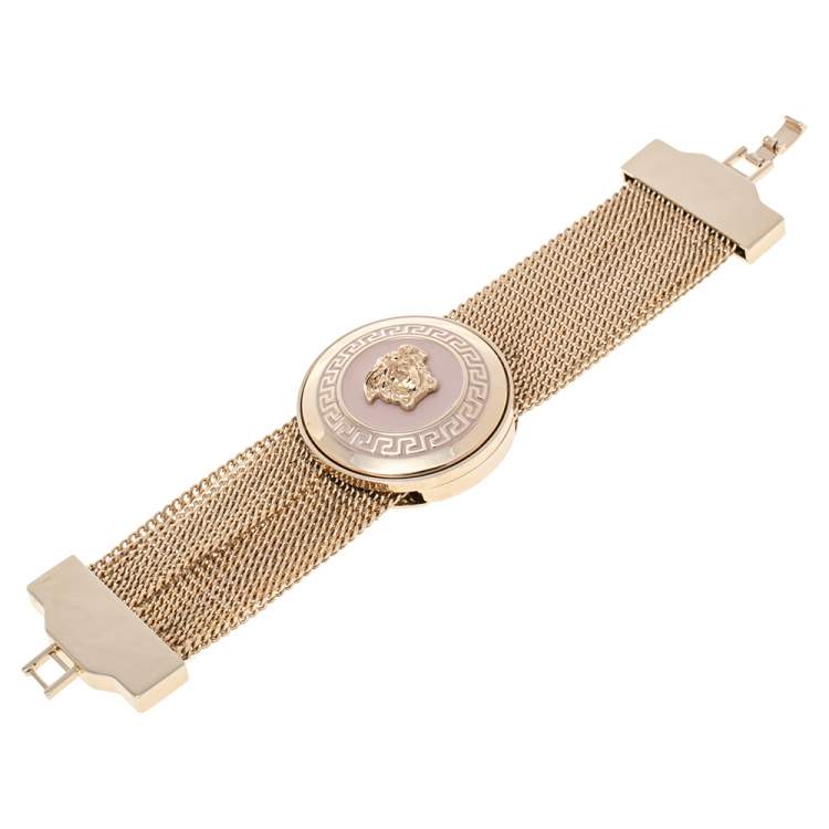 Pre Owned Versace Pink Enamel Medusa Icon Gold Tone Multi Strand Vanitas Bracelet