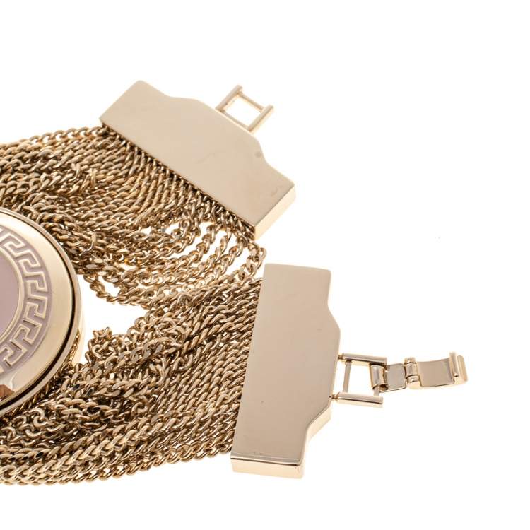 Pre Owned Versace Pink Enamel Medusa Icon Gold Tone Multi Strand Vanitas Bracelet