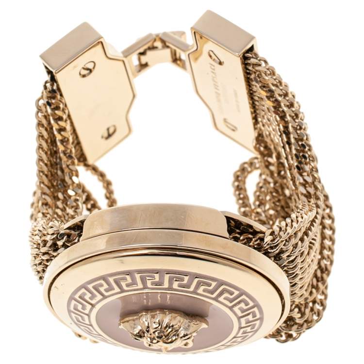 Pre Owned Versace Pink Enamel Medusa Icon Gold Tone Multi Strand Vanitas Bracelet