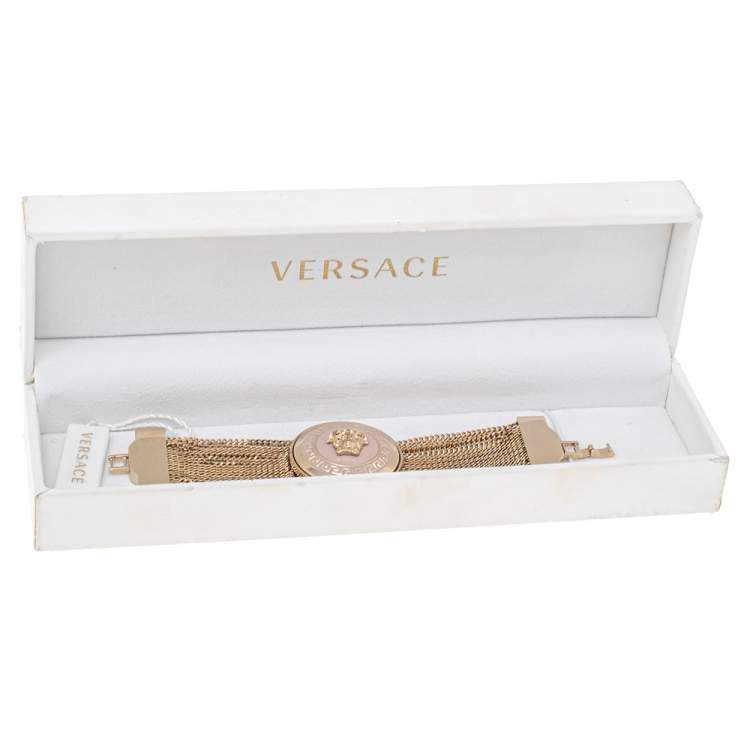 Pre Owned Versace Pink Enamel Medusa Icon Gold Tone Multi Strand Vanitas Bracelet