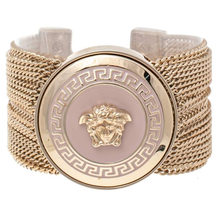 Pre Owned Versace Pink Enamel Medusa Icon Gold Tone Multi Strand Vanitas Bracelet