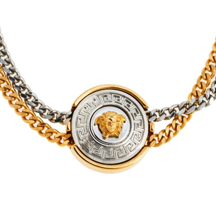 Pre Owned Versace Vanitas Medusa Two Tone Metal Double Chain Bracelet