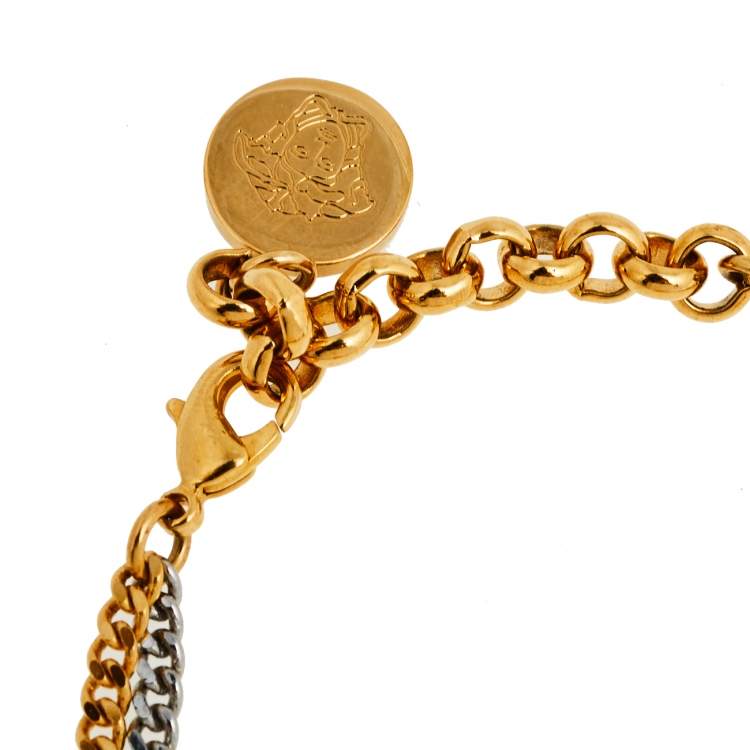 Pre Owned Versace Vanitas Medusa Two Tone Metal Double Chain Bracelet