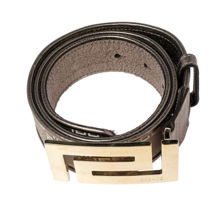 Pre Owned Versace Metallic Grey Signature Fabric and Leather Trim Greca Buckle Belt 80CM
