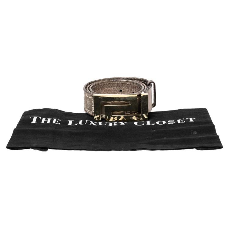 Pre Owned Versace Metallic Grey Signature Fabric and Leather Trim Greca Buckle Belt 80CM