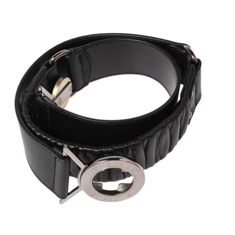 Pre Owned Versace Black Leather Round Logo Buckle Waist Belt 80CM