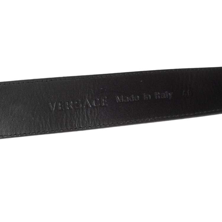 Pre Owned Versace Black Leather Round Logo Buckle Waist Belt 80CM