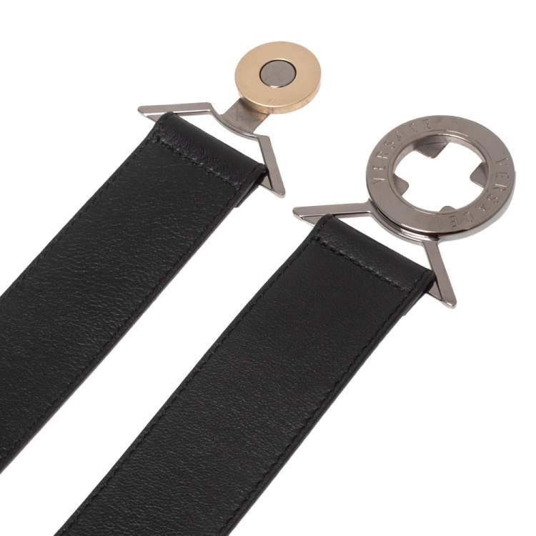 Pre Owned Versace Black Leather Round Logo Buckle Waist Belt 80CM