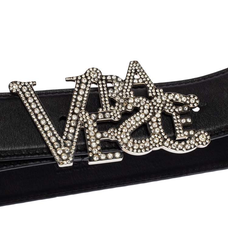 Pre Owned Versace Black Leather Crystal Embellished Logo Buckle Belt 75CM