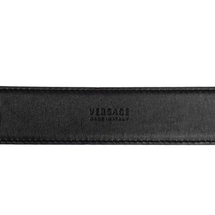 Pre Owned Versace Black Leather Crystal Embellished Logo Buckle Belt 75CM