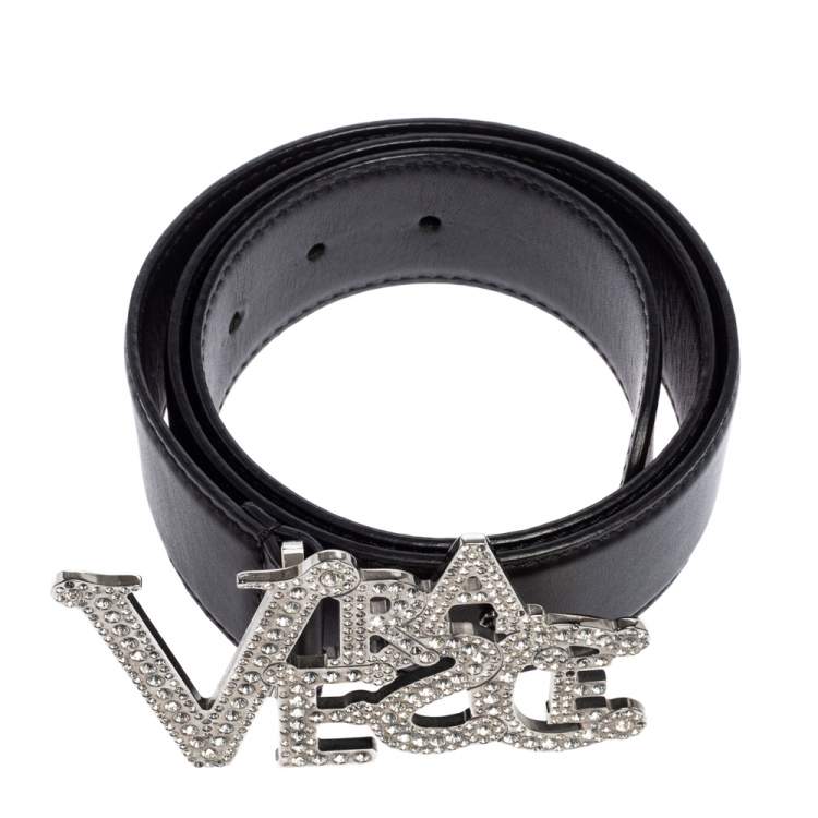 Pre Owned Versace Black Leather Crystal Embellished Logo Buckle Belt 75CM