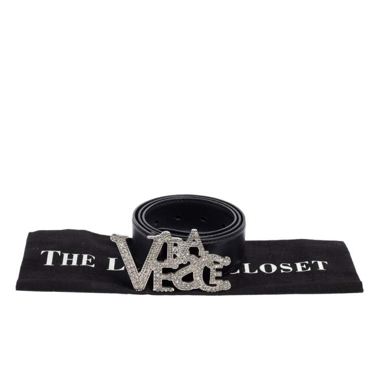 Pre Owned Versace Black Leather Crystal Embellished Logo Buckle Belt 75CM