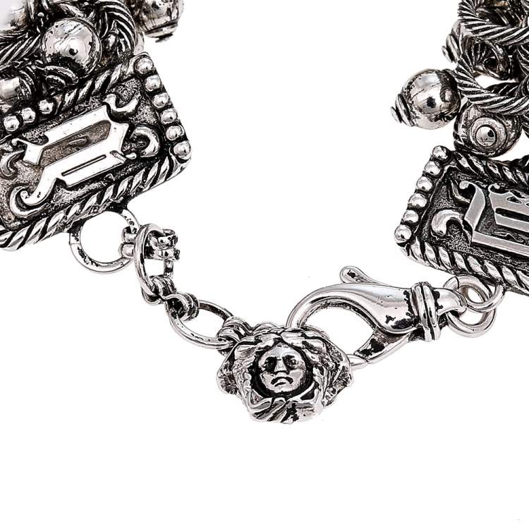 Pre Owned Versace Gunmetal Tone Triple Link Charm Bracelet