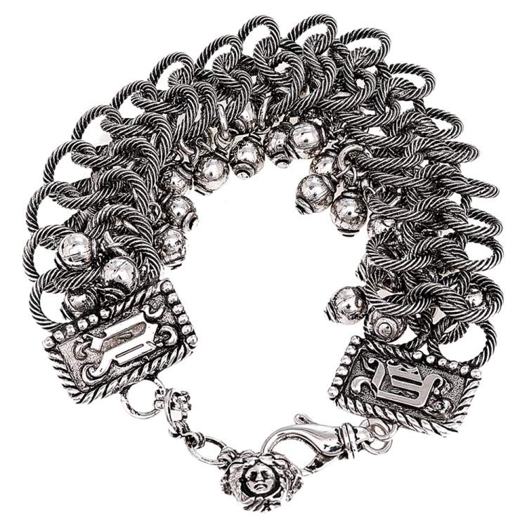 Pre Owned Versace Gunmetal Tone Triple Link Charm Bracelet