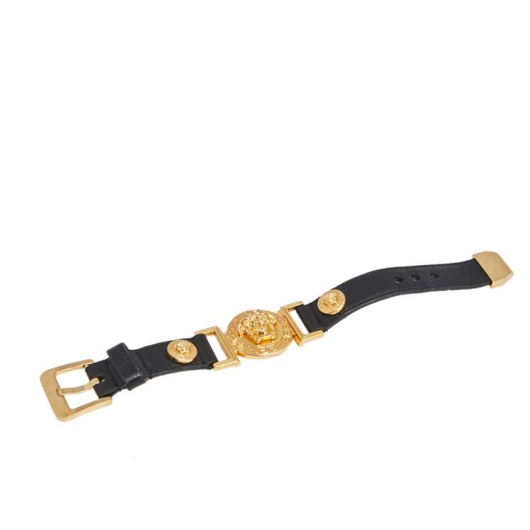 Pre Owned Versace Black Leather Gold Tone Medusa Icon Bracelet