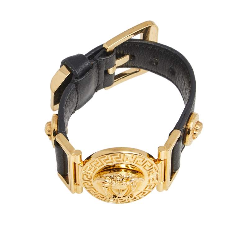 Pre Owned Versace Black Leather Gold Tone Medusa Icon Bracelet