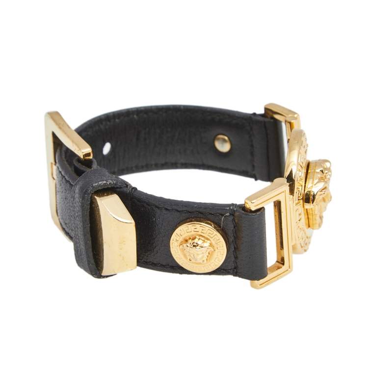 Pre Owned Versace Black Leather Gold Tone Medusa Icon Bracelet
