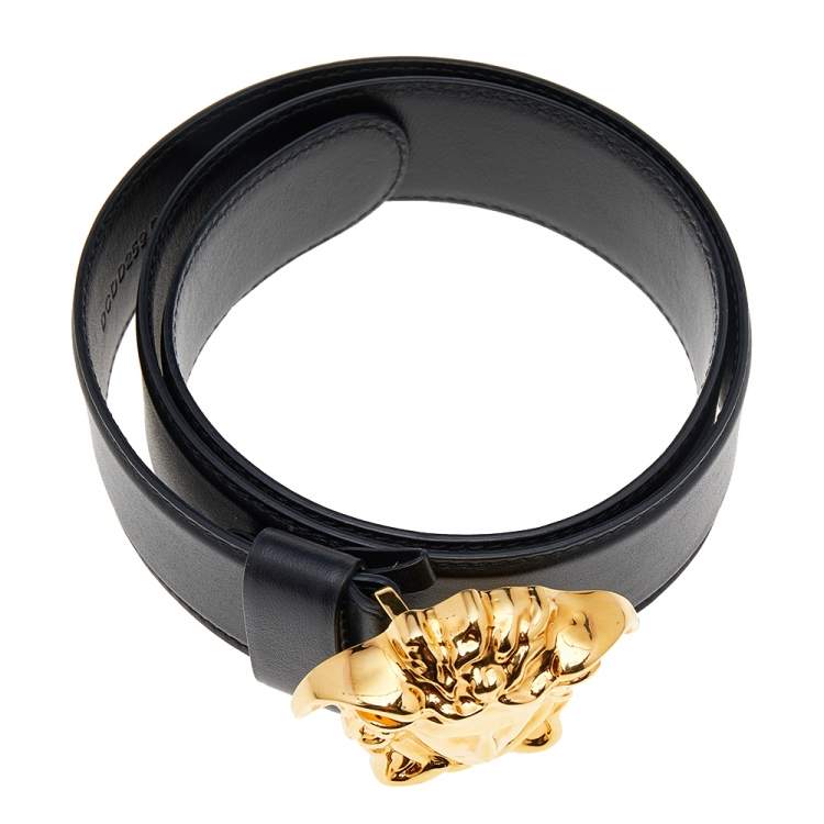 Pre Owned Versace Black Leather Medusa Buckle Belt 85CM