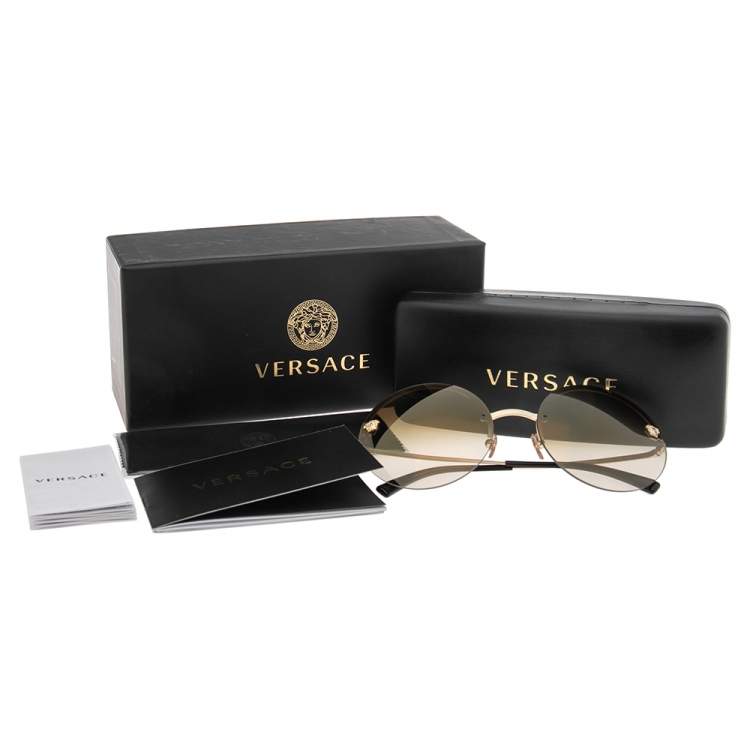 Pre Owned Versace Gold/Black MOD 2176 Medusa Rimless Round Sunglasses