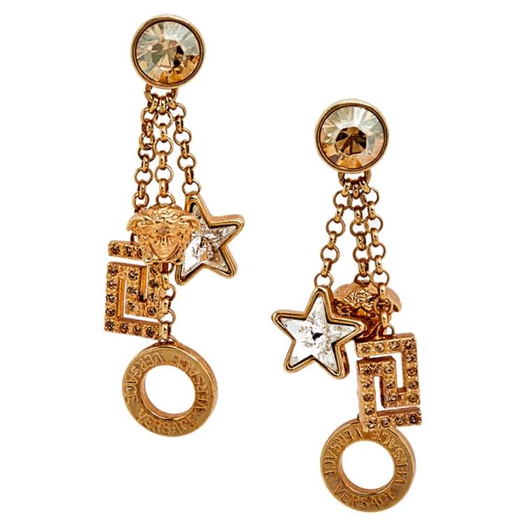 Pre Owned Versace Gold Tone Crystal Star & Medusa Drop Earrings
