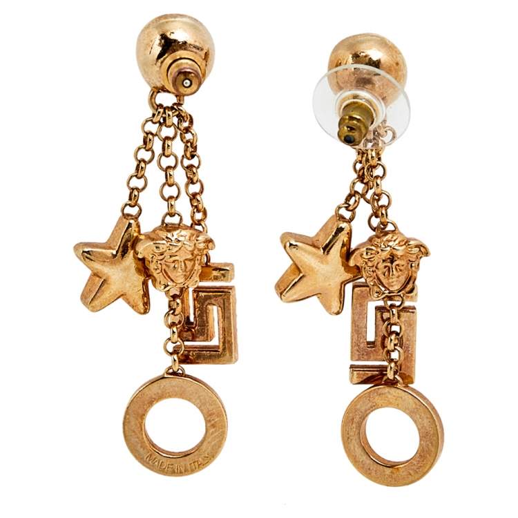 Pre Owned Versace Gold Tone Crystal Star & Medusa Drop Earrings