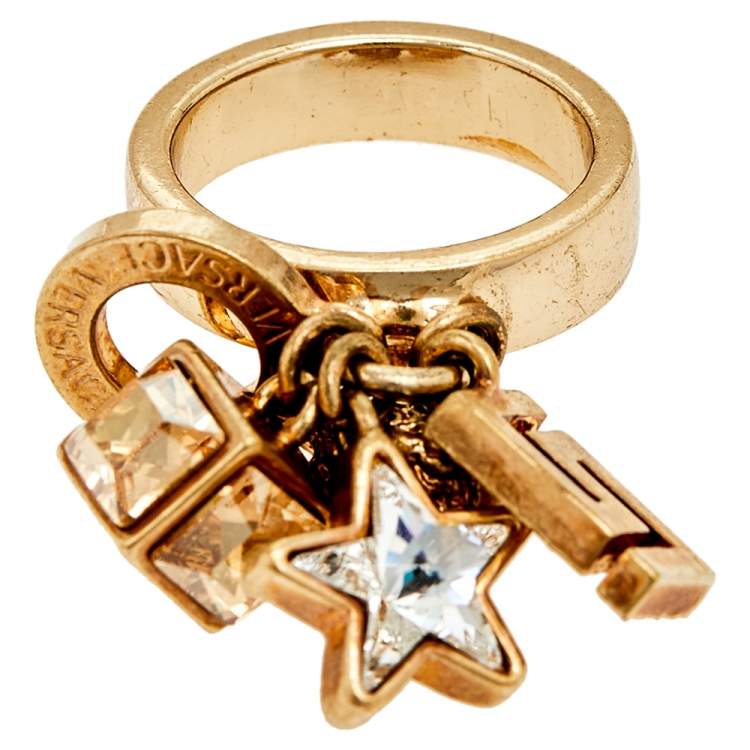 Pre Owned Versace Gold Tone Star & Medusa Charms Ring Size EU 57