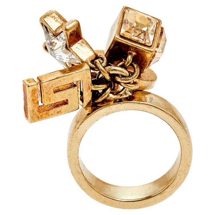 Pre Owned Versace Gold Tone Star & Medusa Charms Ring Size EU 57