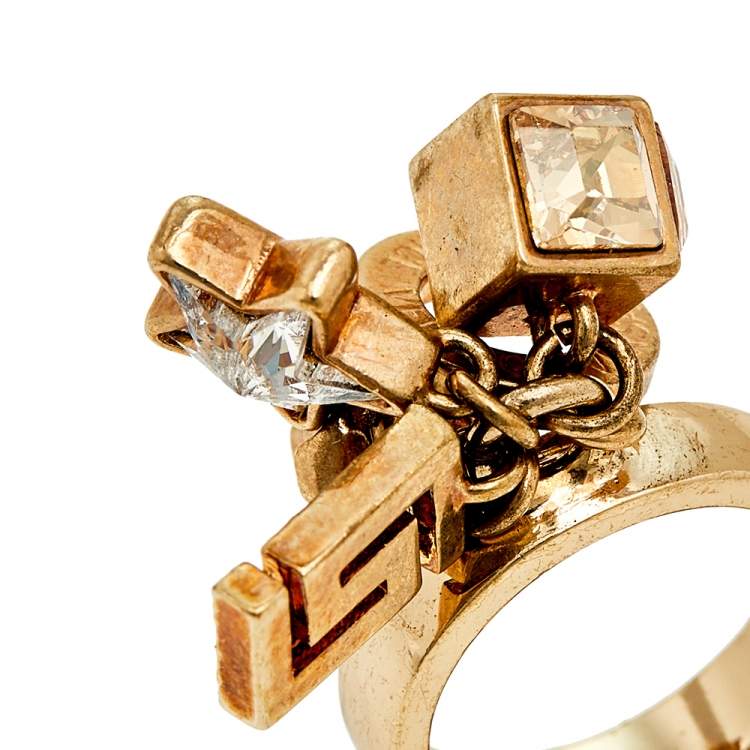 Pre Owned Versace Gold Tone Star & Medusa Charms Ring Size EU 57