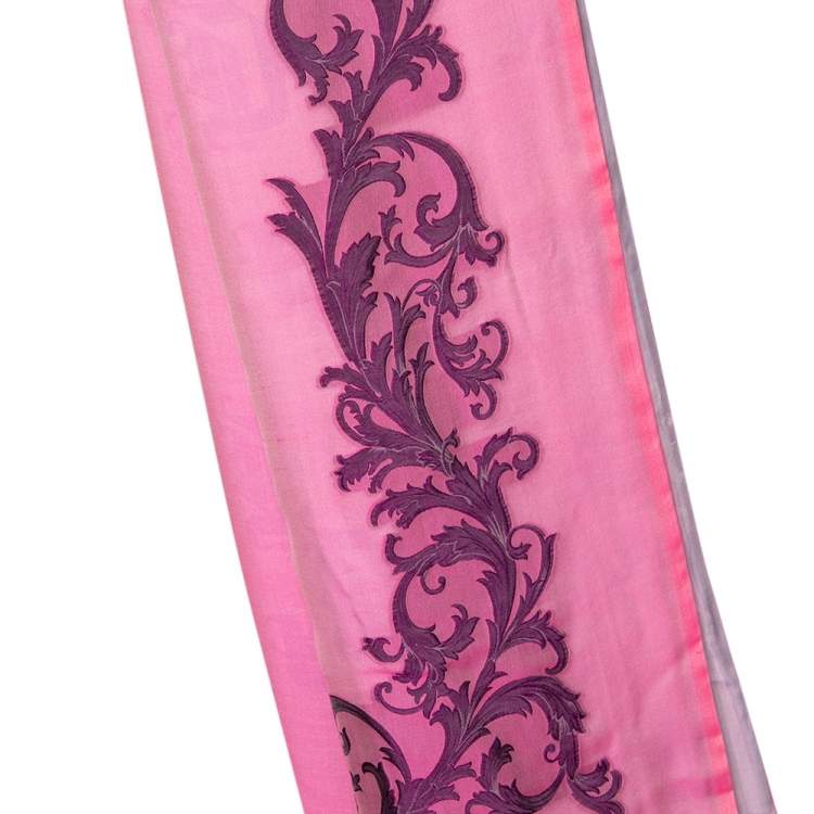 Pre Owned Versace Pink & Lavender Logo Fil Coupe Silk Scarf