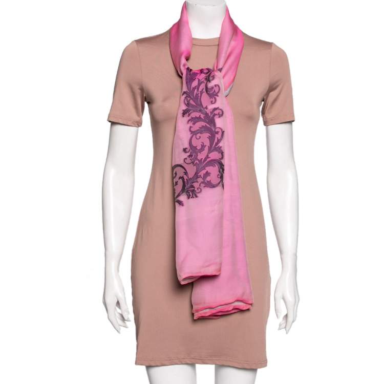 Pre Owned Versace Pink & Lavender Logo Fil Coupe Silk Scarf