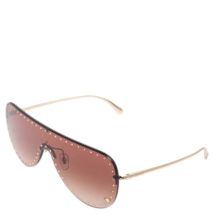 Pre Owned Versace Gold Tone Crystals/ Brown Gradient 2230-B Shield Sunglasses