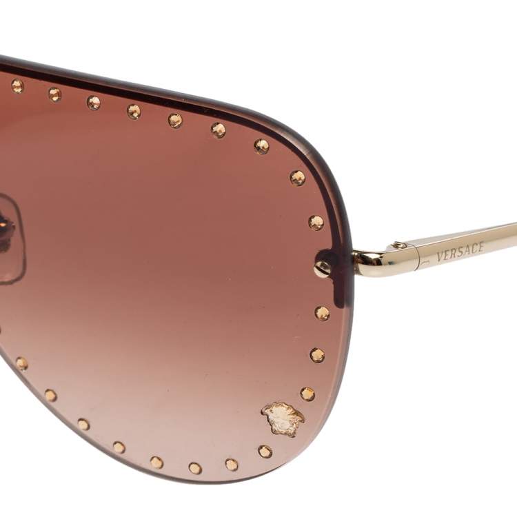Pre Owned Versace Gold Tone Crystals/ Brown Gradient 2230-B Shield Sunglasses