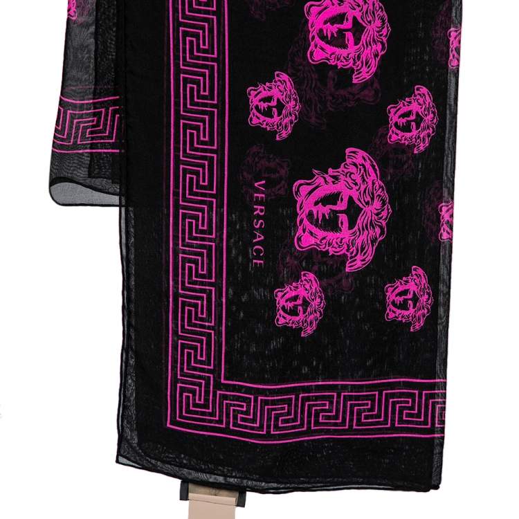 Pre Owned Versace Black & Pink Medusa Print Silk Scarf