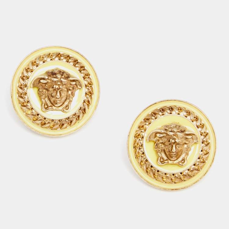 Pre Owned Versace Gold Tone Medusa Enamel Gold Tone Metal Stud Earrings