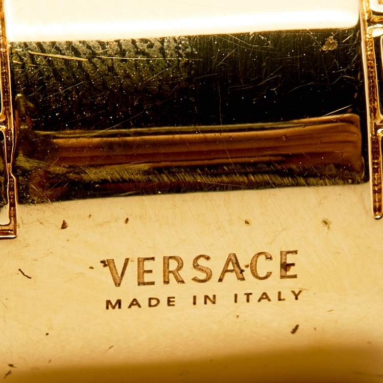 Pre Owned Versace Medusa Greek Key Gold Tone Metal Wide Band Ring Size 55