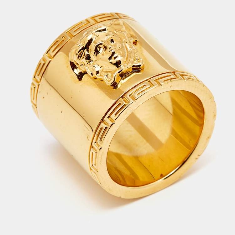 Pre Owned Versace Medusa Greek Key Gold Tone Metal Wide Band Ring Size 55
