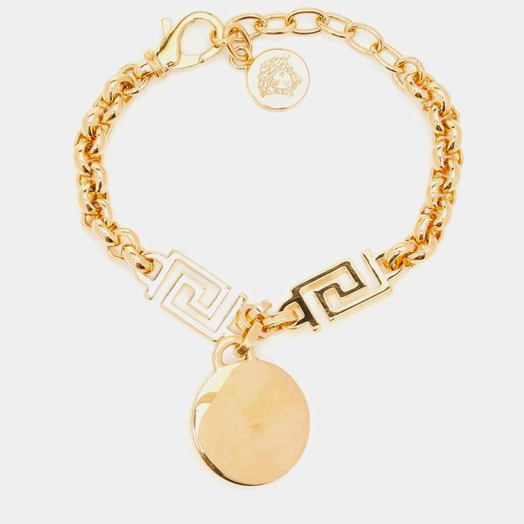 Pre Owned Versace Gold Tone Greca Crystal Embellished Icon Medusa Bracelet