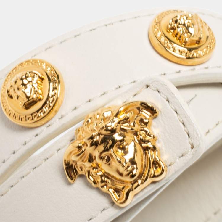 مملوكة مسبقًا Versace Icon Medusa Stud Gold Tone White Leather Wrap Bracelet