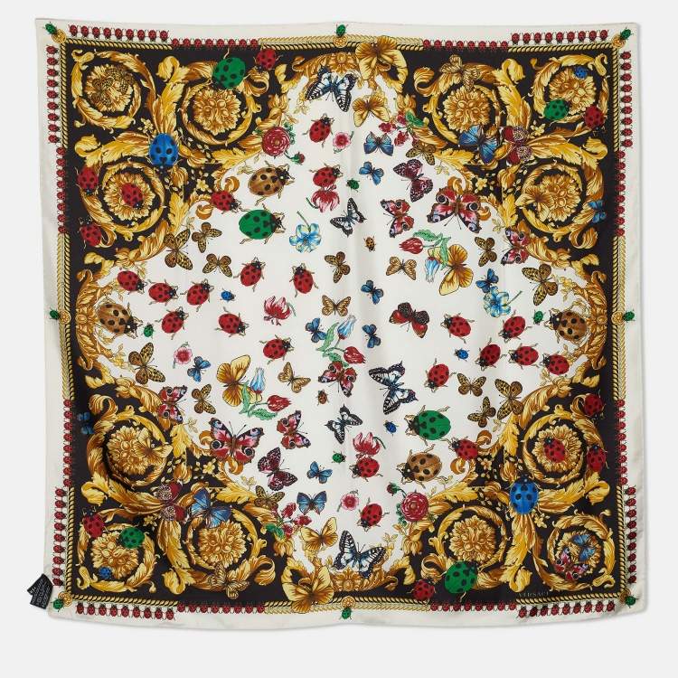 Pre Owned Versace White Butterfly and Ladybird Print Silk Scarf