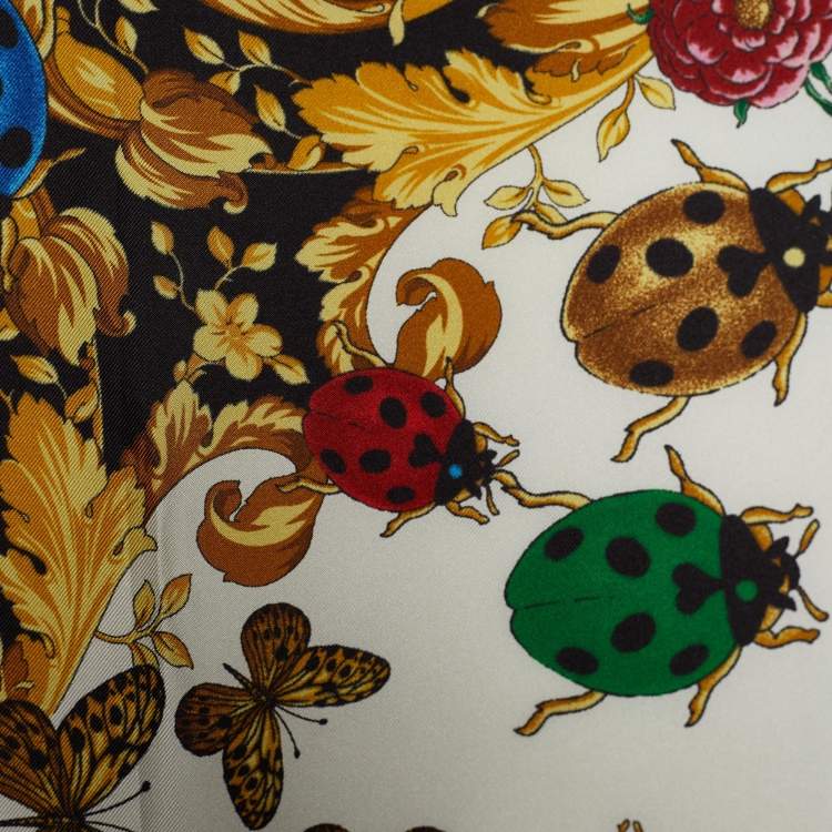 Pre Owned Versace White Butterfly and Ladybird Print Silk Scarf