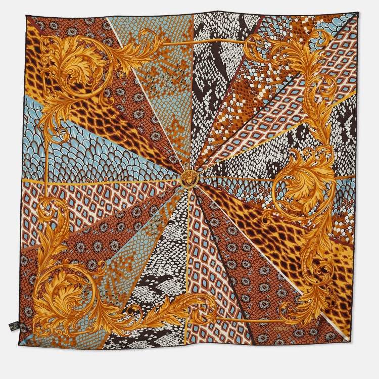 Pre Owned Versace Gold Multi Motif Print Silk Scarf