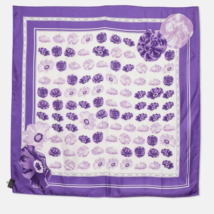 Pre Owned Versace Purple Flower Print Silk Scarf