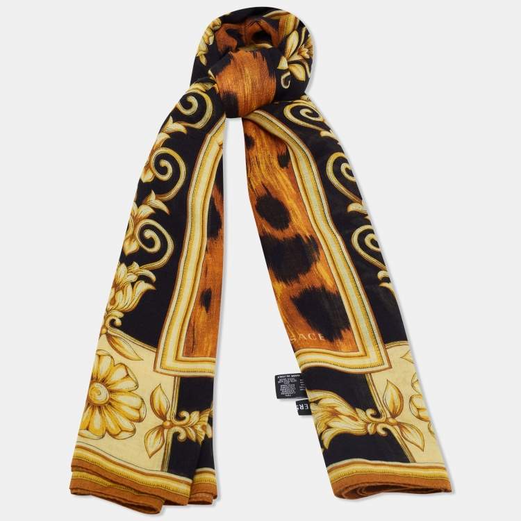 Pre Owned Versace Brown Animal Print Cashmere Silk Scarf