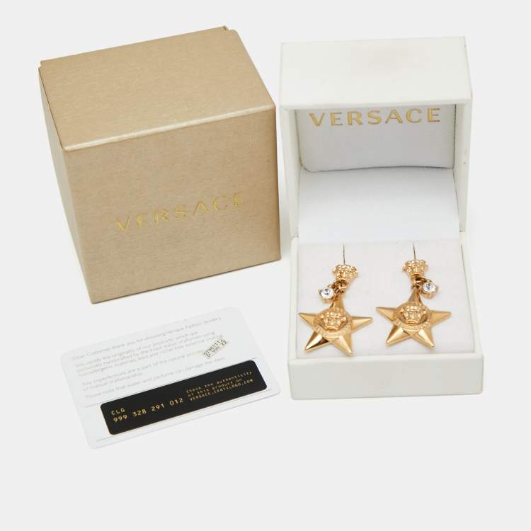 Pre Owned Versace Medusa Crystals Star Sterling Silver Gold Tone Drop Earrings