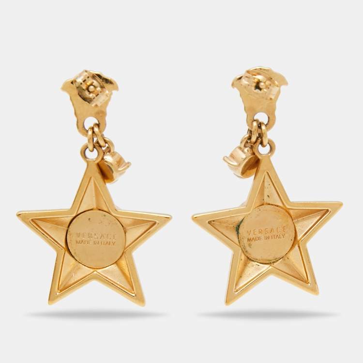 Pre Owned Versace Medusa Crystals Star Sterling Silver Gold Tone Drop Earrings