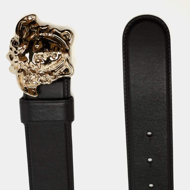 Pre Owned Versace Black Leather Medusa Buckle Belt 90 CM