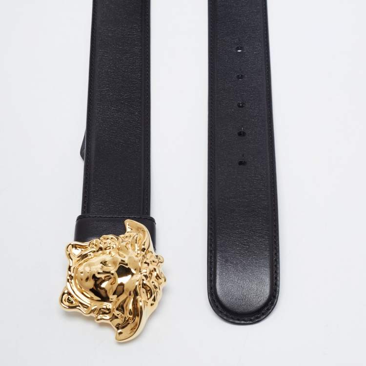 Pre Owned Versace Black Leather Medusa Buckle Belt 75CM