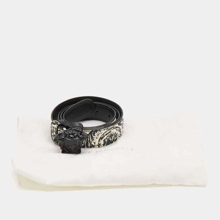 Pre Owned Versace Black/White Baroque Print Leather Medusa Waist Belt 80 CM