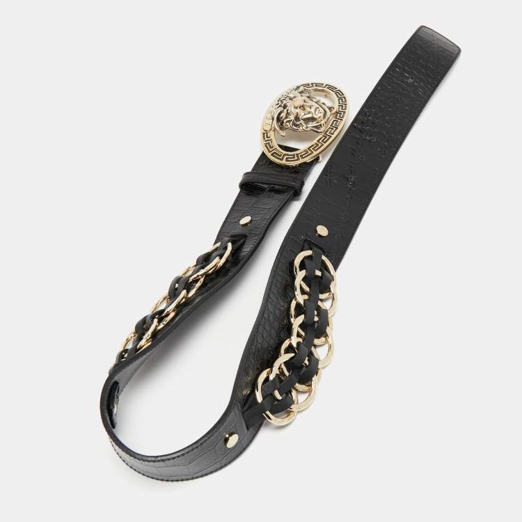 Pre Owned Versace Black Croc Embossed Leather Medusa Wait Buckle Belt 80CM